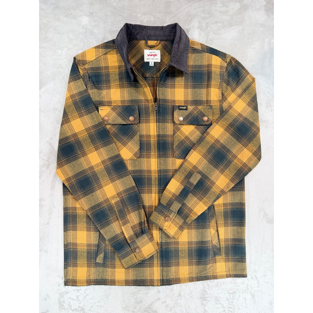 Wrangler Mens Shirt Jacket Plaid Full Zip Corduroy Collar Mustard Yellow Small